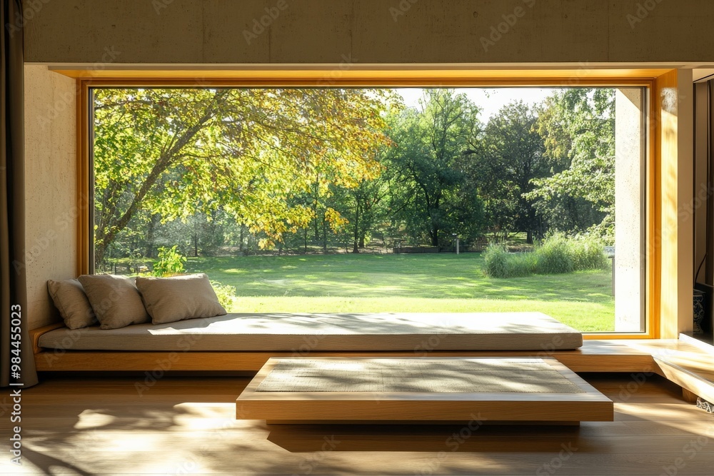 Aufkleber this image features a minimalist room with large window allowing sunlight to pour in, a simple woode