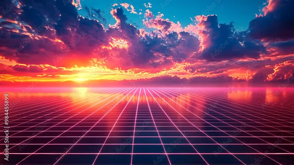 Poster vibrant sunset reflecting on a grid pattern over calm water generative ai