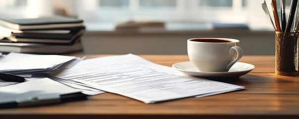 Naklejka premium Design a side view of a professional accountants desk, cluttered with tax forms and a cup of coffee, showcasing a mix of warm tones in an oil painting style