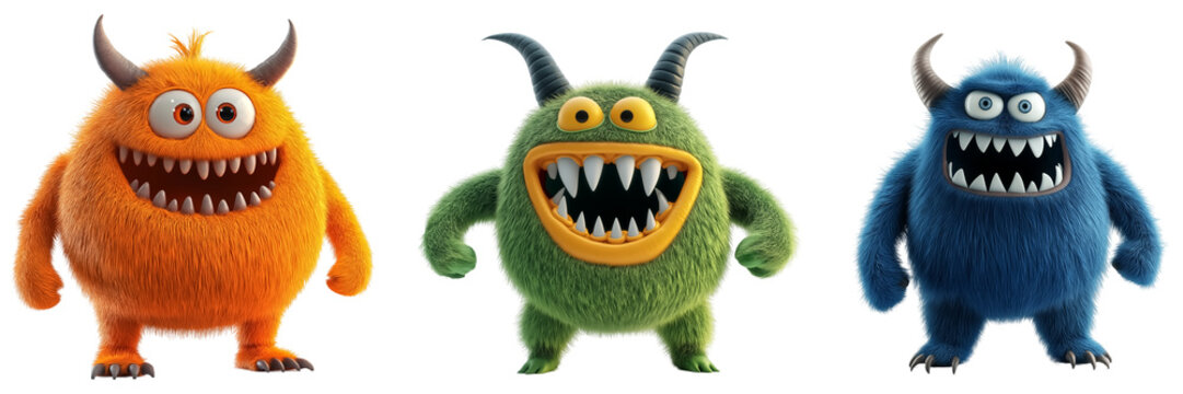 Naklejki Monster character, orange green and blue color, 3d animation, isolated on transparent background