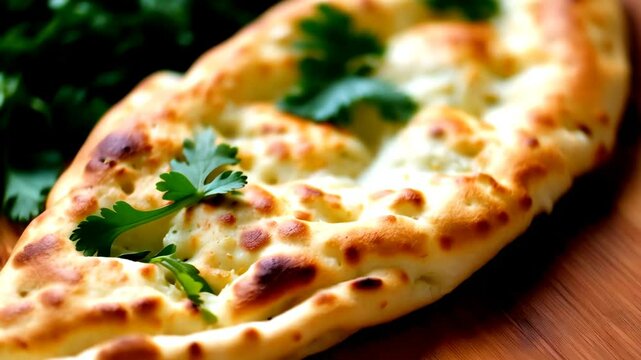 Buttery garlic naan bread fresh from the oven, garnished with green herbs, resting on a wooden cutting board, close-up of the flaky layers and golden crust