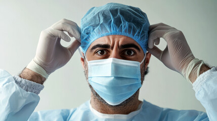 A man in a blue surgical cap and mask is looking at the camera