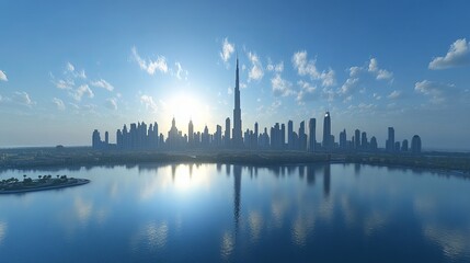 A stunning 3D image of Dubai city at sunrise. The view showcases the amazing skyline of the United Arab Emirates.