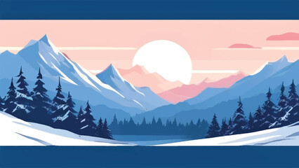 Mountain landscape in winter. Winter landscape. Vector illustration. Winter snowy Mountains landscape with hills. 