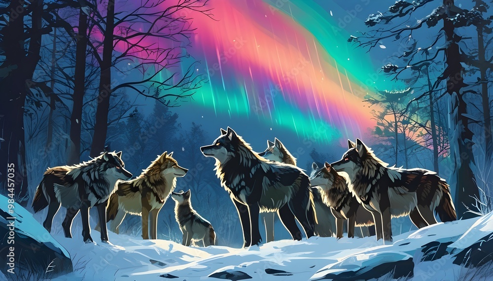 Wall mural wolves in a wintry forest beneath vibrant northern lights, their silhouettes framed by a mesmerizing