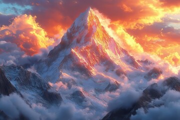 aweinspiring mountain peak snowcapped summit dramatic clouds golden hour light rugged terrain majestic landscape