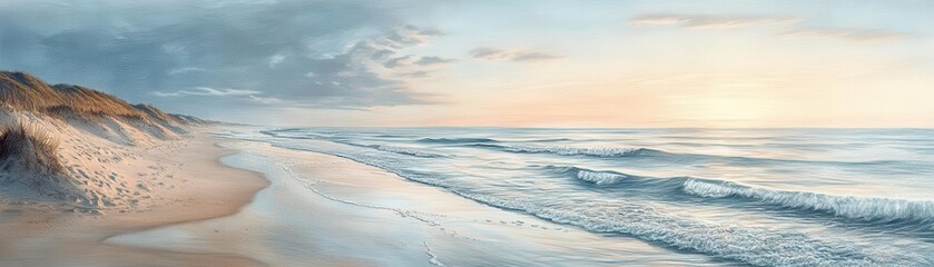 Illustrate a panoramic view of a serene beach at dawn, with gentle waves lapping at the shore, capturing the essence of tranquility and peace in intricate pencil sketch