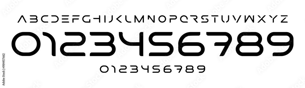 Aufkleber Minimalist tech typography, rounded futuristic numbers and letters, sleek smooth font for digital innovative products, sports branding, jersey numbers, team merchandise. Vector typeset