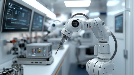 Fototapeta premium Fully automated production line with AI-driven robotic arms, advanced SCADA systems, real-time control panel displays