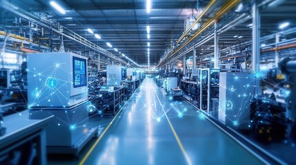 Fototapeta premium Smart factory floor with interconnected robotic systems and real-time analytics screens, predictive maintenance in progress