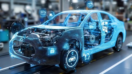 Obraz premium AI-powered industrial robots coordinating automotive manufacturing process, automated precision, real-time data monitoring, sleek and efficient factory environment