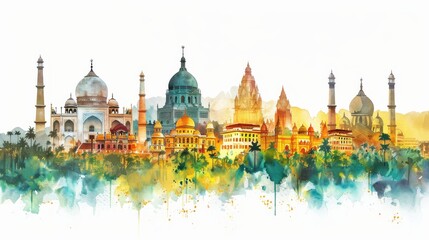 Obraz premium Watercolor Painting of Indian Architecture with Domes and Minarets