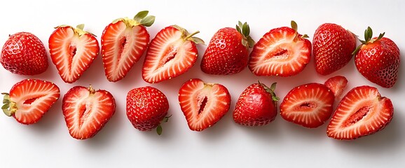 Fresh red strawberries sliced in half on white background.