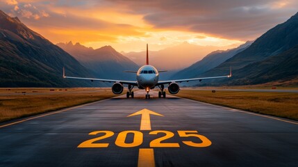 Airplane Taking Off into 2025:  A powerful image of an airplane taking off against a backdrop of majestic mountains and a breathtaking sunset. The runway is marked with the year "2025".