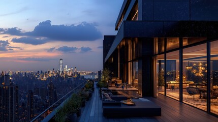 Obraz premium A luxurious penthouse with a dark onyx exterior, featuring expansive terraces and panoramic views of a sparkling city skyline at dusk