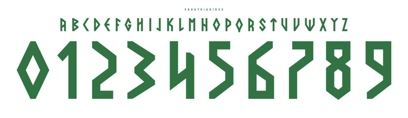 Greek geometric typography, angular sharp numbers and letters design, bold medieval font for esports logos, sci-fi, sports branding, jersey numbers, team merchandise. Vector typeset © artyway