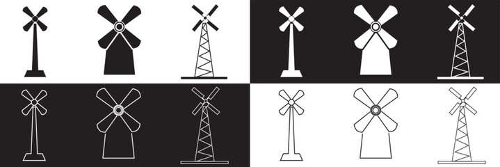  Windmill icon set. Air energy concept. isolated on white and black background, Vector illustration. EPS 10