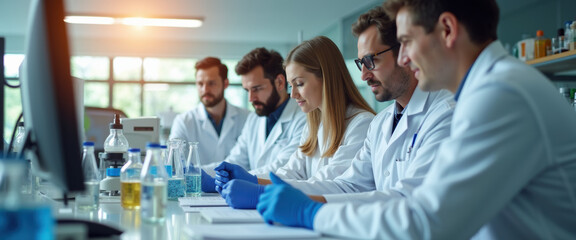 Fototapeta premium Biomedical Research Team Collaborating in Laboratory for Cell Therapy Innovation