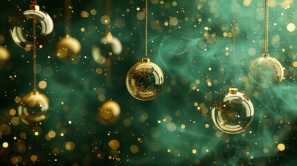Green Christmas background with green christmas balls hanging from above. Christmas abstract green background. Happy New Year, Merry Christmas background