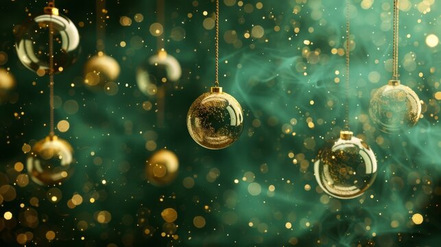 Green Christmas background with green christmas balls hanging from above. Christmas abstract green background. Happy New Year, Merry Christmas background