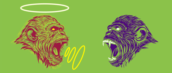 Angry monkey head in colorful pop art style. Modern abstract print with animal. Vivid creative vector illustration. © vvvisual