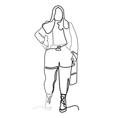 continuous line drawing of fashion fat woman.one line drawing of fat woman dressed in fashionable clothes hanging out.single line vector illustration.isolated white background