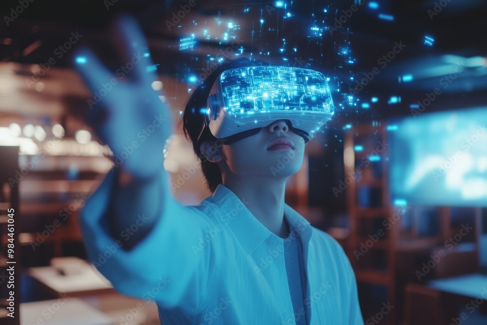 Poster a dedicated student actively engages with virtual reality and ai technologies, exploring immersive l