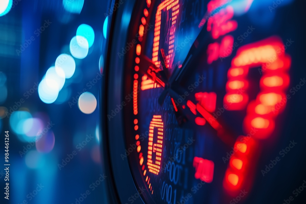 Aufkleber digital clock displaying bright red numbers against a blurred city background during twilight hours