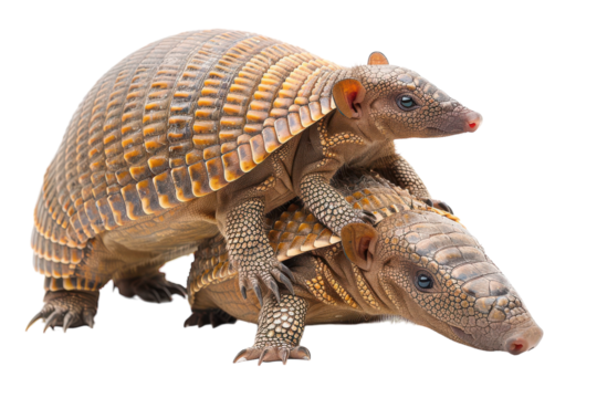 Two armadillos interacting in a playful manner against a white background during daylight on transparent background