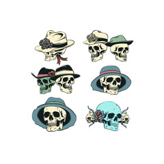 Skulls in Hats with Flowers Illustration