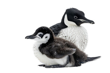 Obraz premium A mother loon and her fluffy chick resting together on a snowy backdrop in a serene natural setting on transparent background