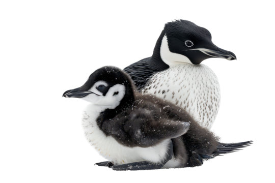 A mother loon and her fluffy chick resting together on a snowy backdrop in a serene natural setting on transparent background