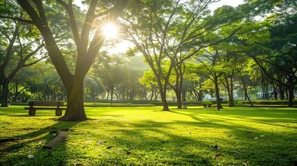 Sun shining through trees in park with bench