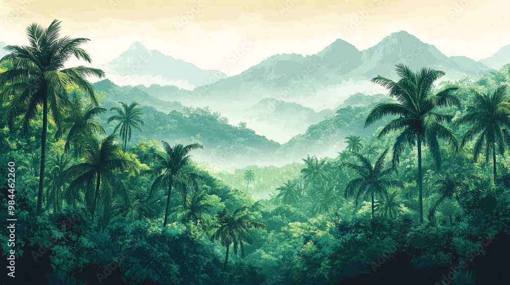 Wall mural vector-style depiction of a tropical landscape with a diverse range of palm and tropical trees, offe