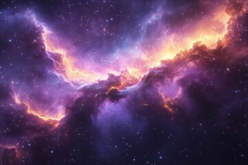 breathtaking cosmic vista of swirling nebula in deep space with vibrant purples and blues illuminating distant stars and galaxies evoking wonder at the vastness of the universe