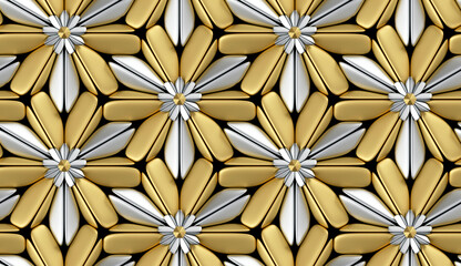 3d hard wood tiles with gold matte elements on black background