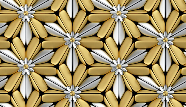 3d hard wood tiles with gold matte elements on black background