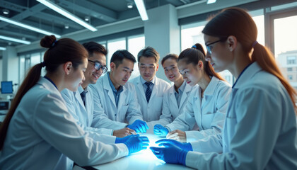 Fototapeta premium Cell Therapy Research Team Collaborating in a Modern Lab, Innovative Healthcare, Medicine Breakthrough, Scientific Discovery, Biotechnology