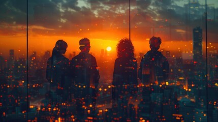 Double exposure image of a group of business people in a conference meeting, with a city office building in the background, symbolizing the success of partnership in business deals.