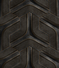 Abstract geometric black layered pattern with gold accents, 3D