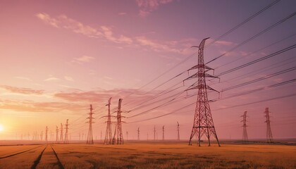 High-Voltage Power Lines Over Rural Landscape at Sunset, Ai Generated Images
