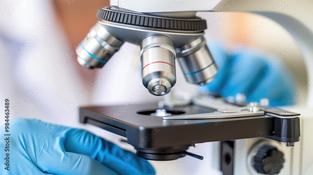 Poster close-up of microscope lens gloved hand adjusting the stage science experiment