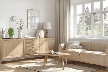 Serene modern living room with natural light and wooden furniture. Generative AI image