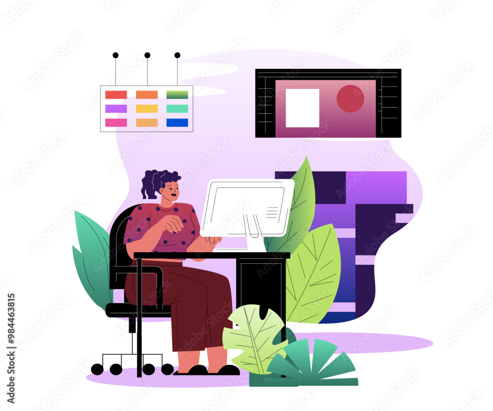 Aufkleber graphic designer person. woman with computer. freelancer work at online project, creating ui and ux 