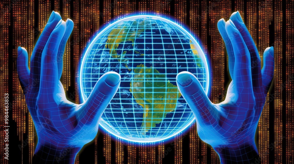 Poster two blue hands hold and analyse abstract glowing globe against digital background
