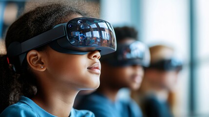 Children Engaging with Virtual Reality Headsets in a Modern Classroom Setting