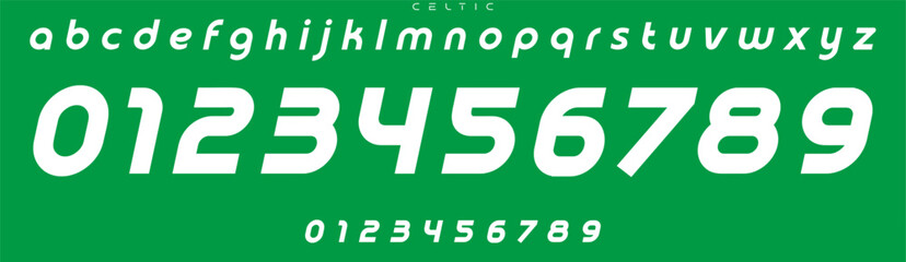 Dynamic athletic font, bold curved numbers and letters, streamlined sans serif for sports logos, energetic headlines, sports branding, jersey numbers, team merchandise. Vector typeset