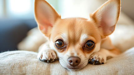 3. A close-up of a short-haired Chihuahua puppy lying on a soft cushion, its head resting on its paws with a sweet and innocent expression 