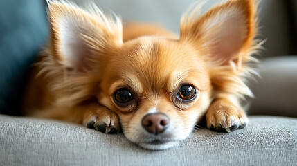 3. A close-up of a short-haired Chihuahua puppy lying on a soft cushion, its head resting on its paws with a sweet and innocent expression 