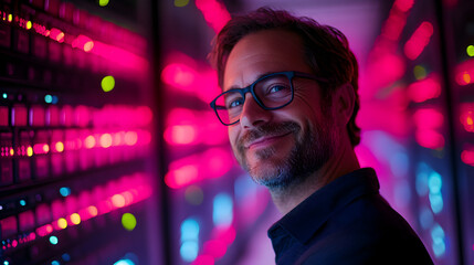 Fototapeta premium IT Technician Smiling Next to Server Racks in a Data Center